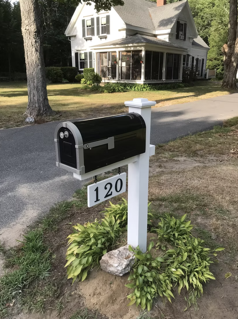 Custom white painted mailbox post with house numbers