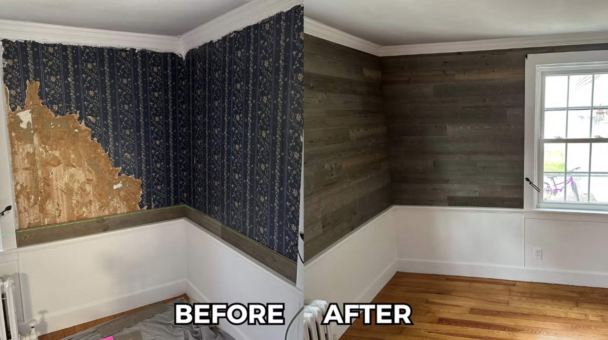 Room renovation showing before and after with wood plank accent wall